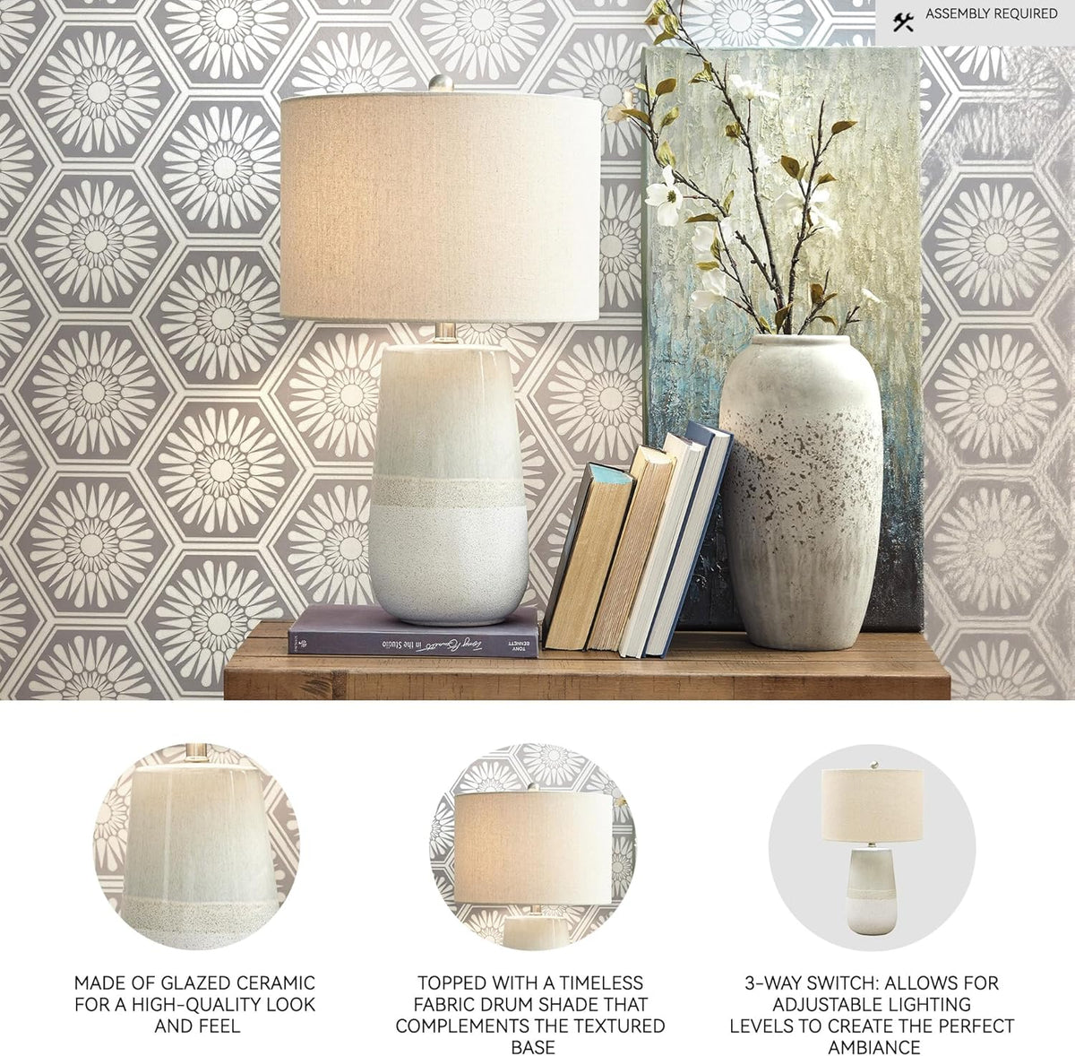 Signature Design by Ashley Shavon Contemporary 27" Textured Neutral Glaze Table Lamp, Beige & White