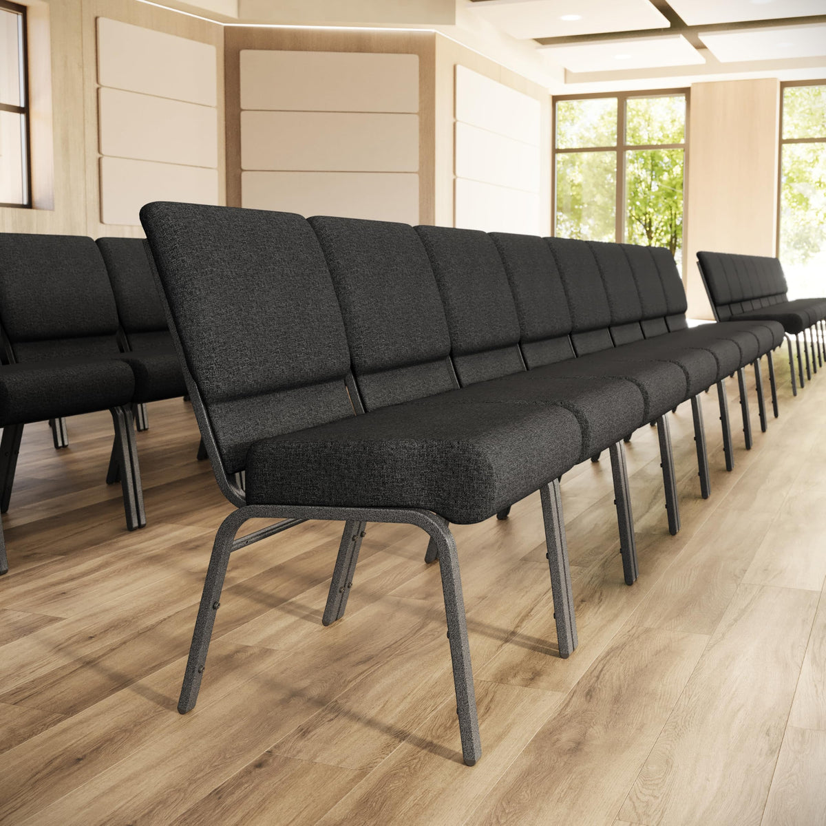 Series 21''W Church Chair in Dark Gray Fabric - Silver Vein Frame