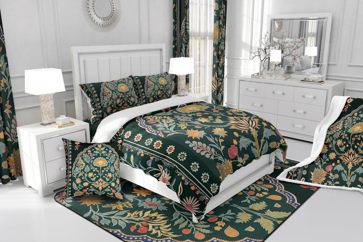 Bohemian Duvet Cover Ethnic Baroque Bedding Set, Girls Boho Floral Leaves Comforter Cover Indian Classical Texture
