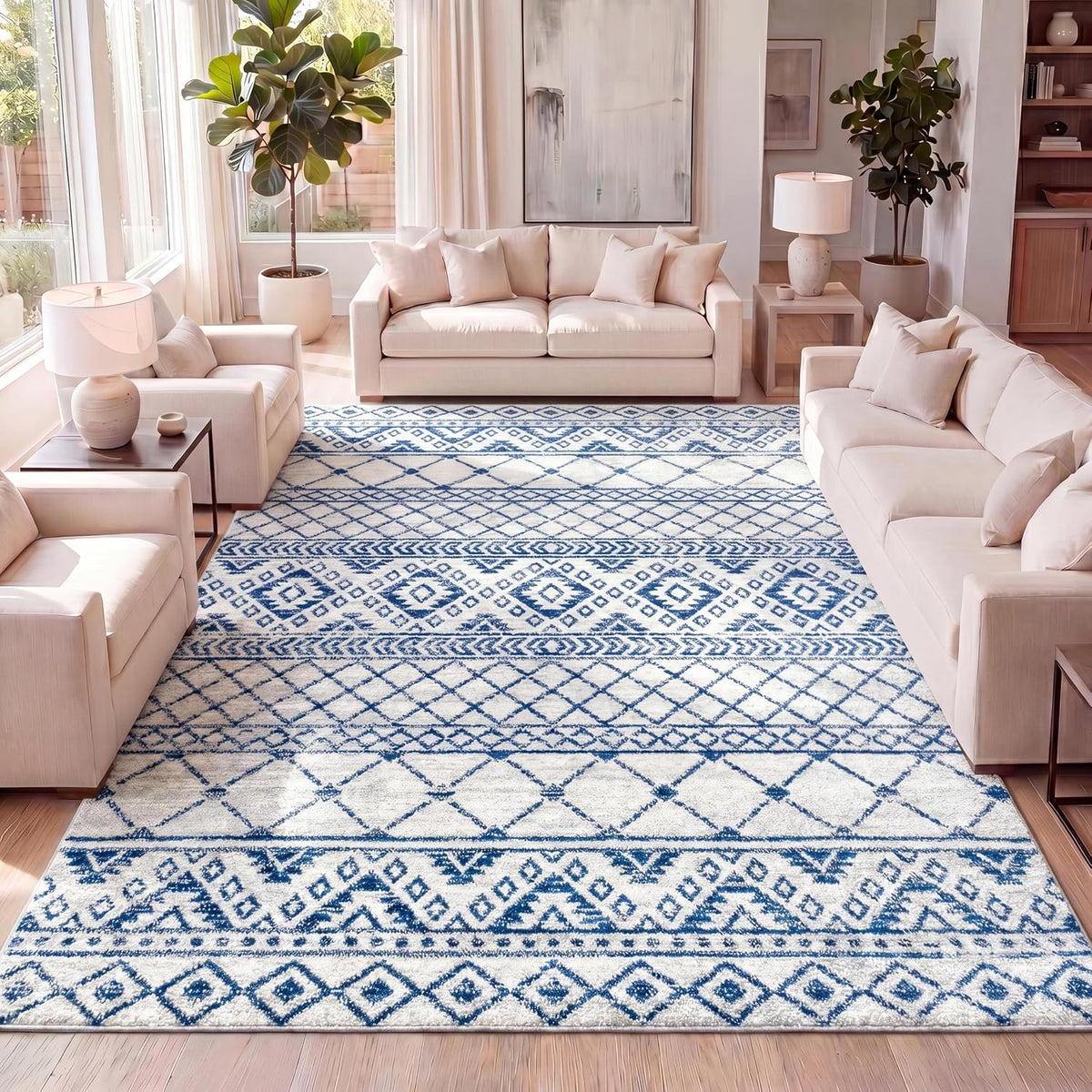 Moroccan Hype Boho Vintage Tribal Cream/Blue Indoor Area Rug, Bohemian, Vintage, Easy-Cleaning, Pet Friendly