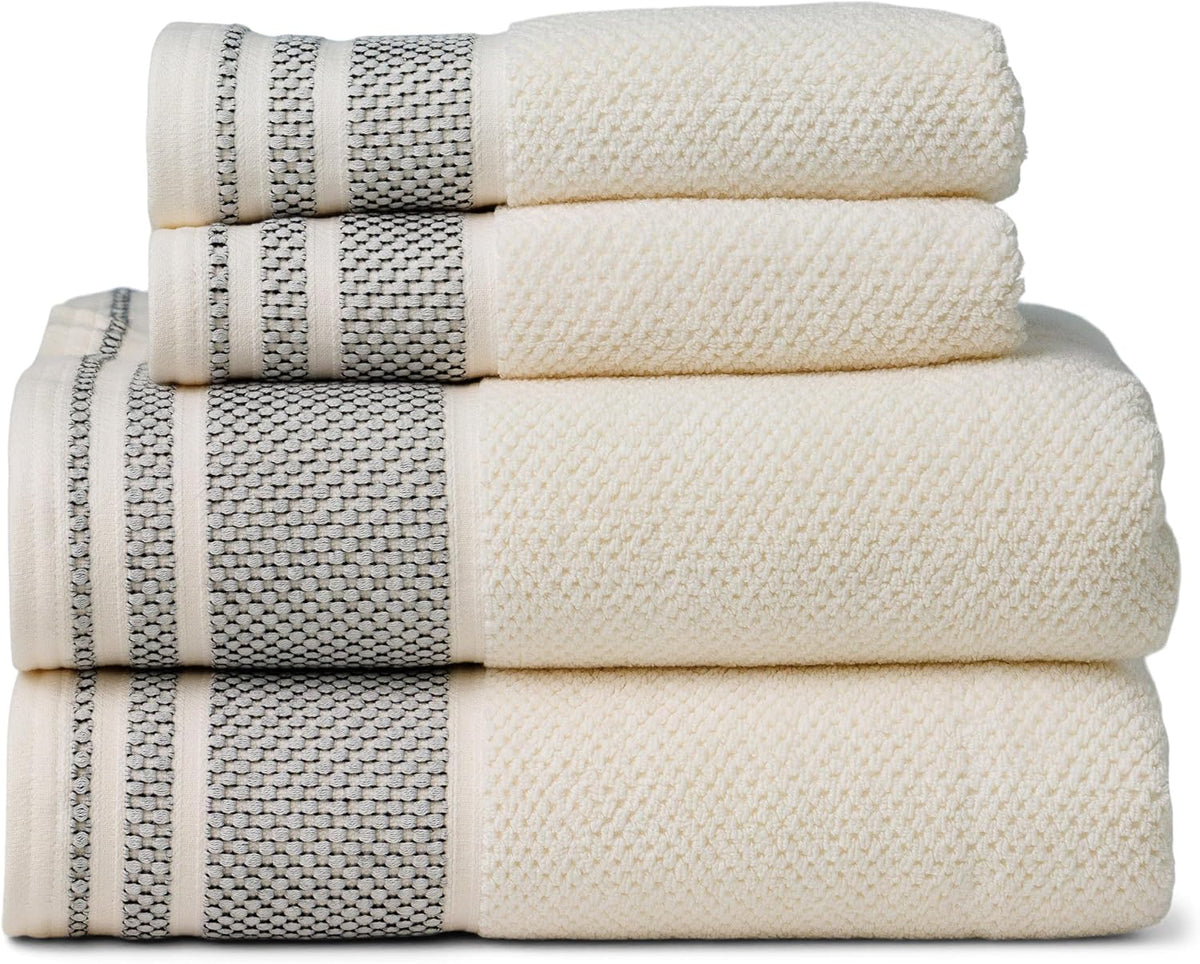 100% Organic Cotton Rice Weave Jacquard 700 GSM Luxury Bath Towel Set - 2 Large Bath Towels, 2 Hand Towels