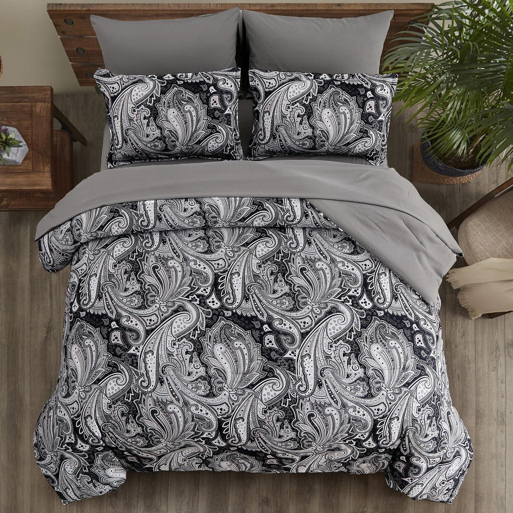 Paisley Comforter Set Queen Size 7 Piece Black and Grey Bed in a Bag