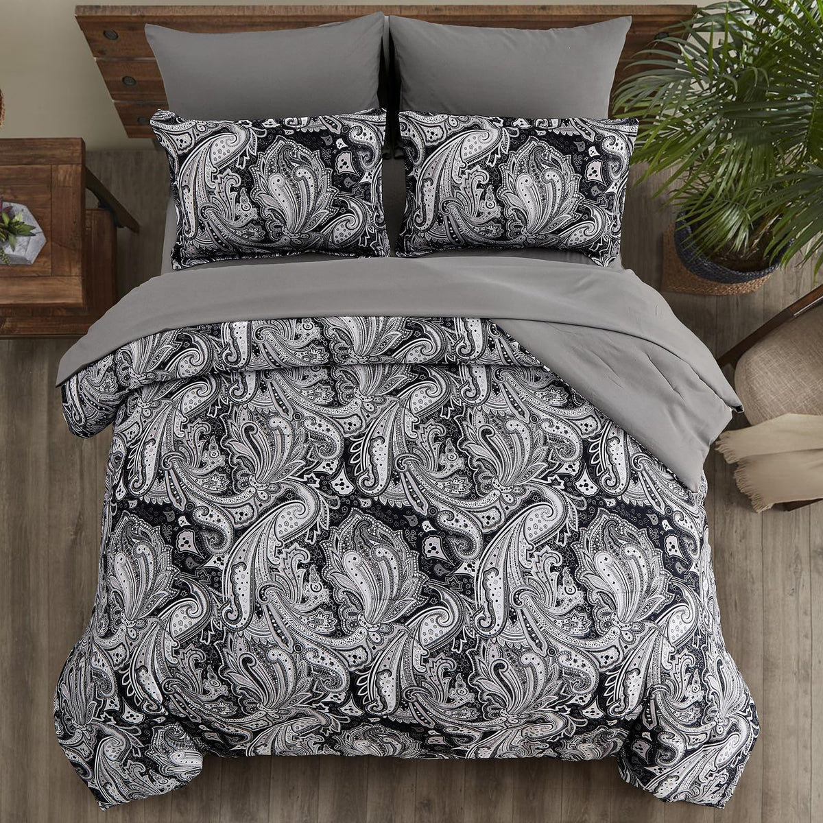 Paisley Comforter Set Queen Size 7 Piece Black and Grey Bed in a Bag