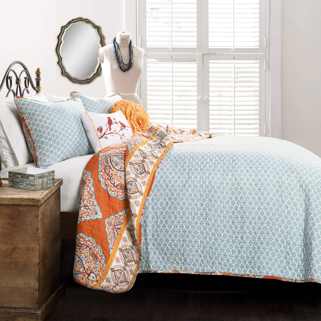 Harley Reversible Quilt Set, 5 Piece Set, King, Tangerine - Boho Bedding Set - Orange Quilt - Bold & Colorful Paisley