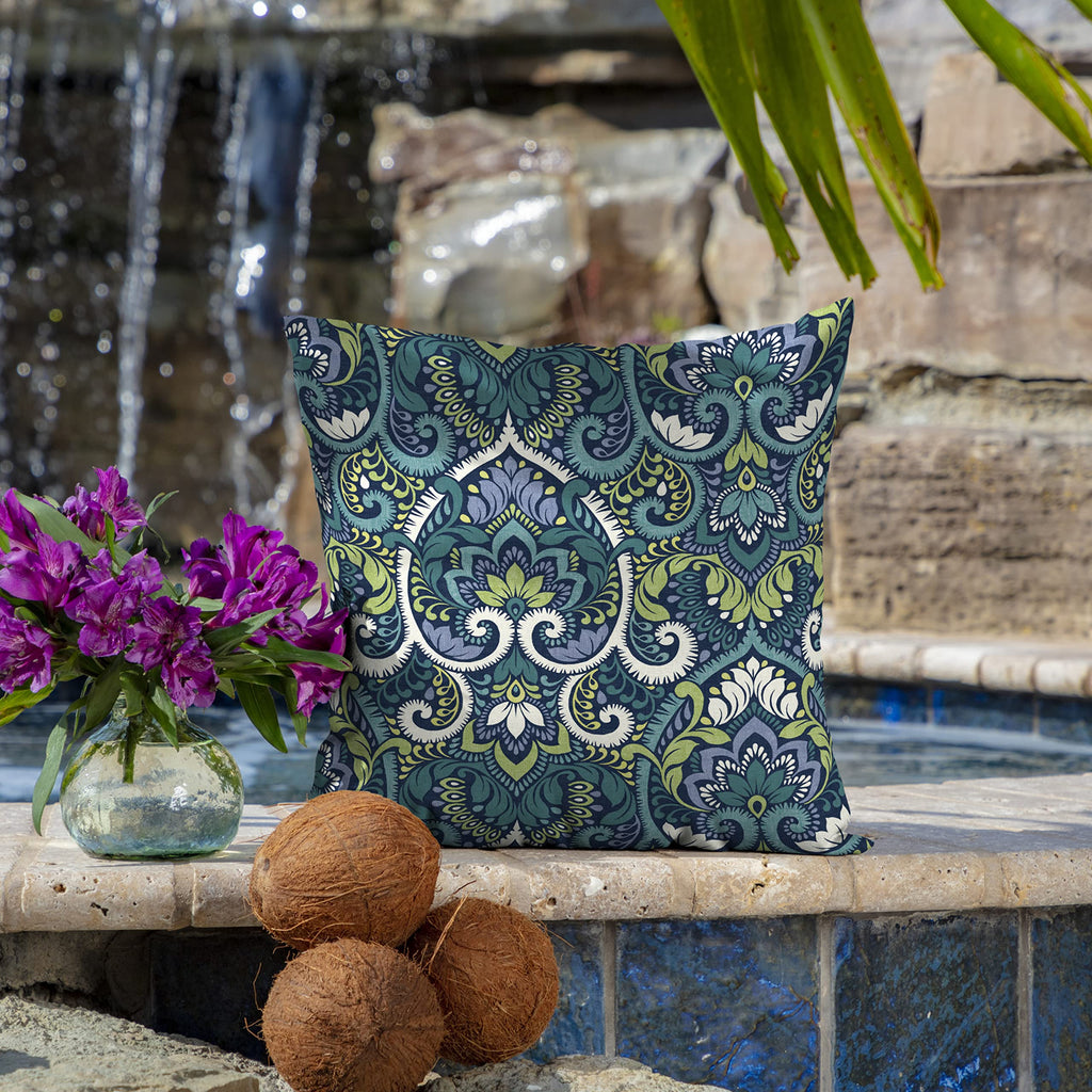 Outdoor Toss Pillow, 2-Pack, 16x16, Blue Damask