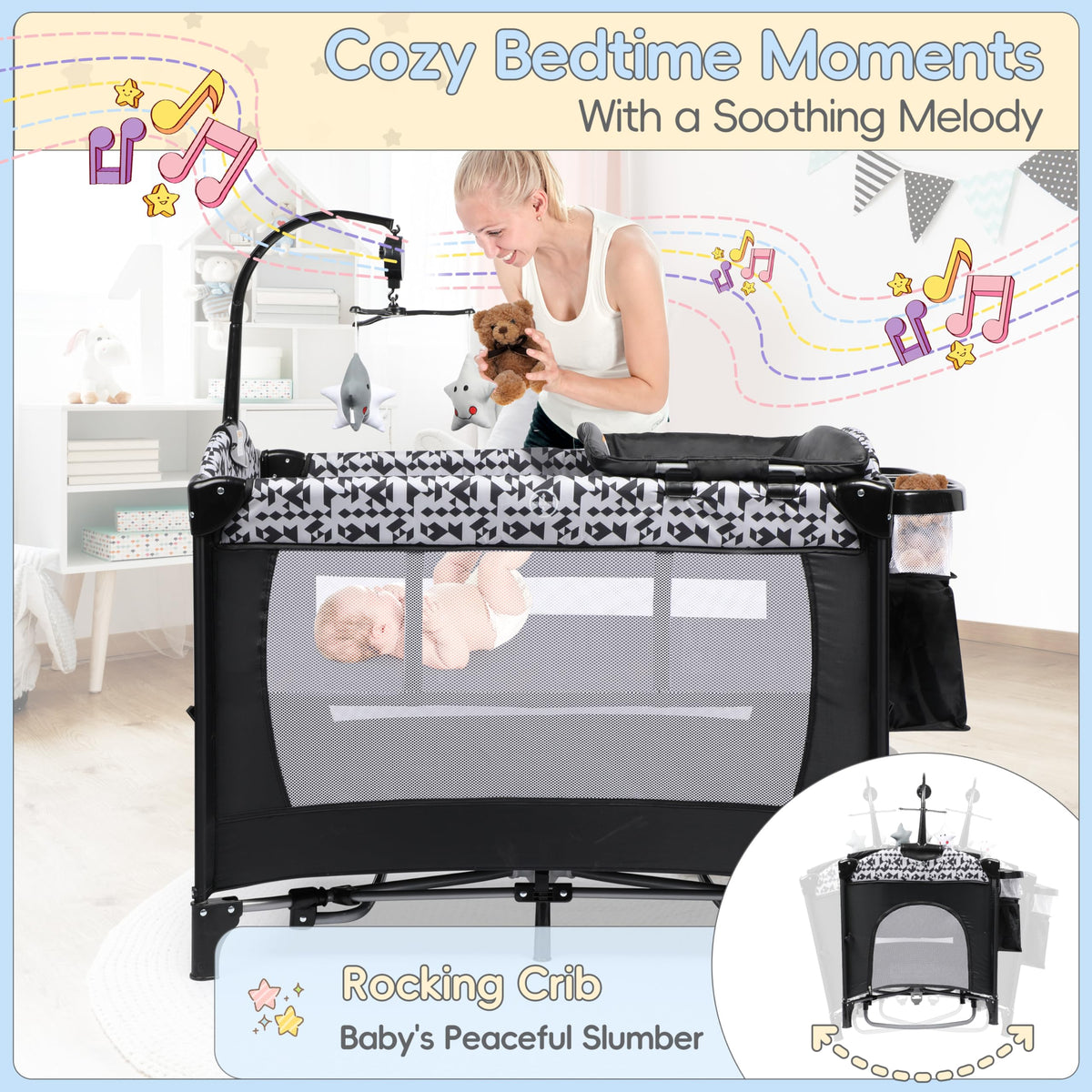 5-in-1 Play Yard, Baby Bassinet Bedside Sleeper with Diaper Changer, Storage Bag & Music Box, Portable Baby Crib