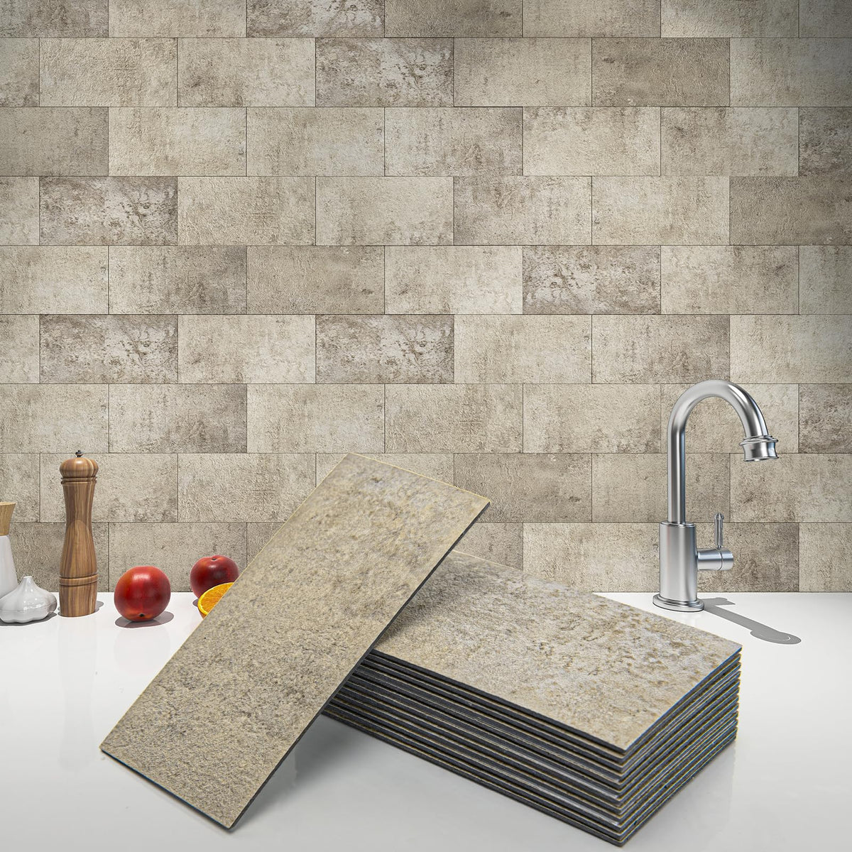 102-Pack Peel and Stick Backsplash, Stick on Subway Tile, Stone Beige