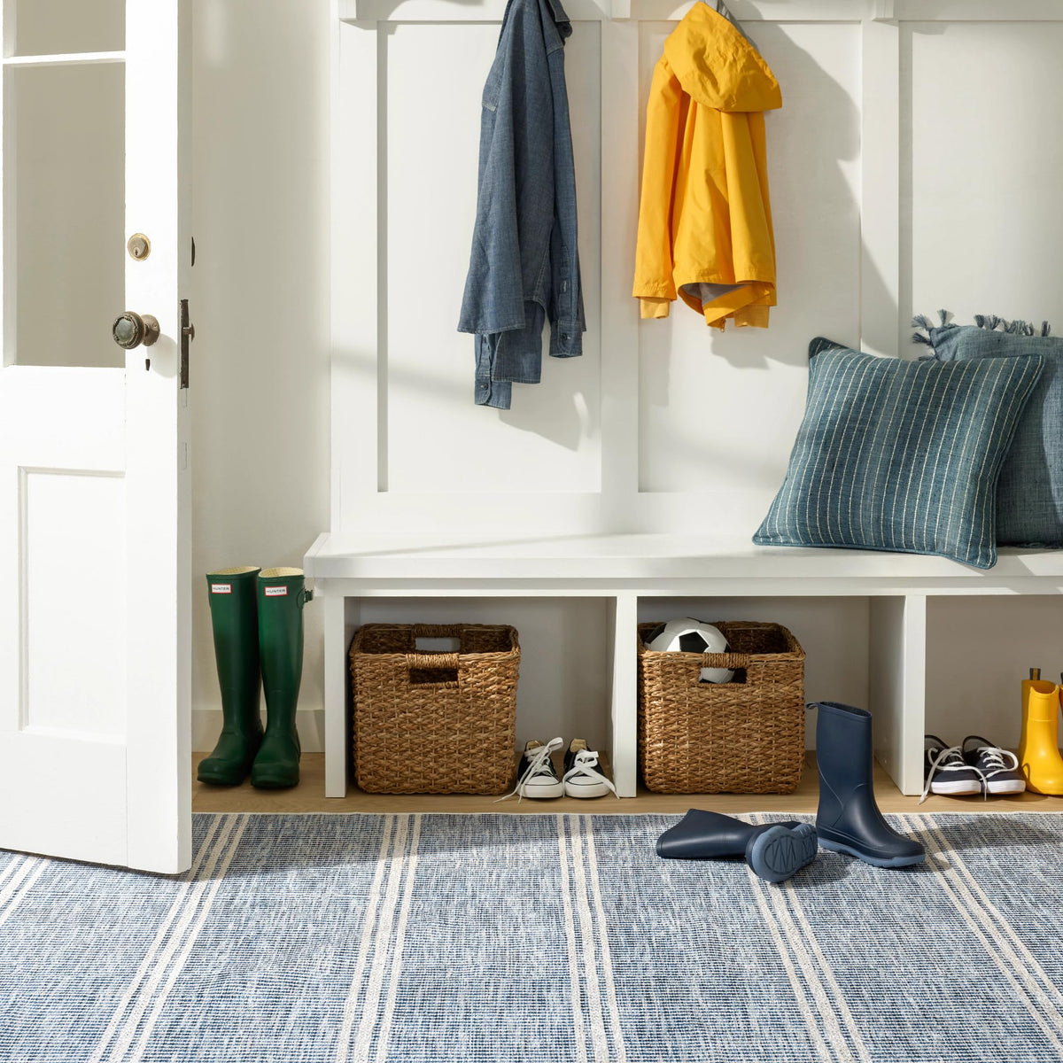 Malta Blue Striped Printed Washable Runner Rug, 2'6"x8'