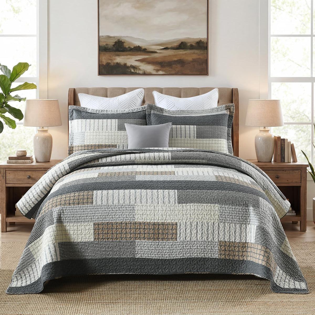 Gray Plaid Quilt Set - 100% Cotton Striped Plaid Patchwork Bedspread Coverlet Set, Lighweight Cozy Cottage