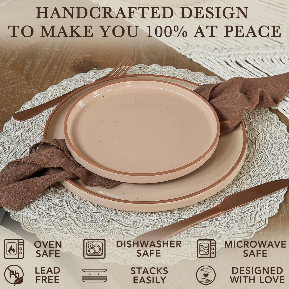 Ceramic Flat Dinner Plates Set of 6, 10.5 in High Edge Dish Set - Microwave, Oven, and Dishwasher Safe, Scratch