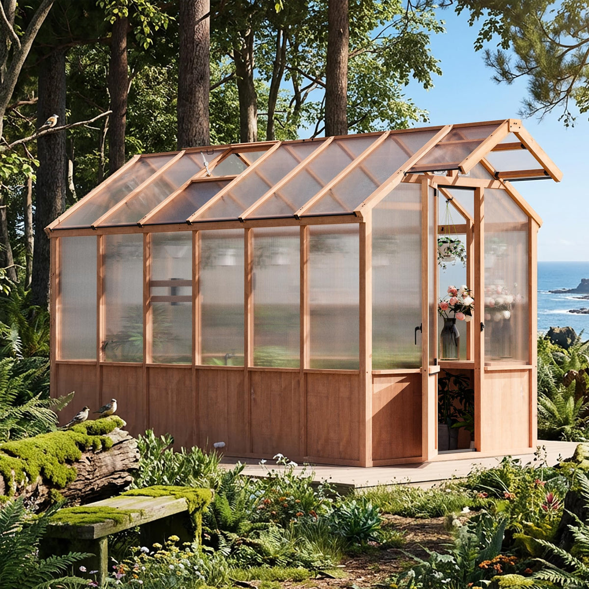 Shade 6.5'x12' Wooden Greenhouse with USB Charging Power Strip