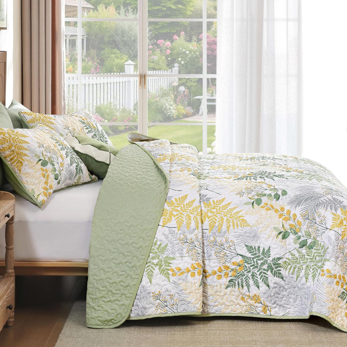 Quilt, 3 Pieces Sage Green Botanical Bedspread with Farmhouse Leaves Pattern, Soft Lightweight Microfiber