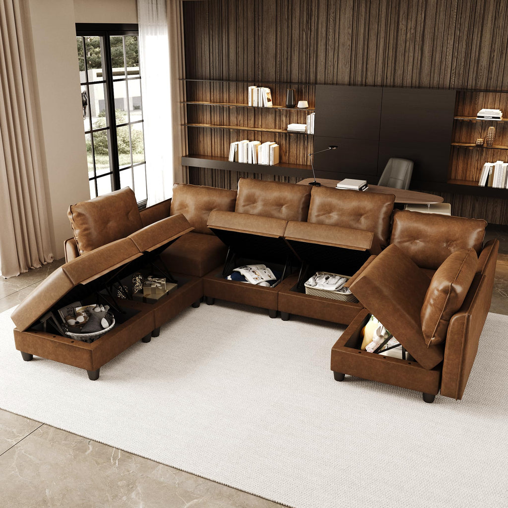 Brown Leather Modular Sofa Sectional Couch with Storage