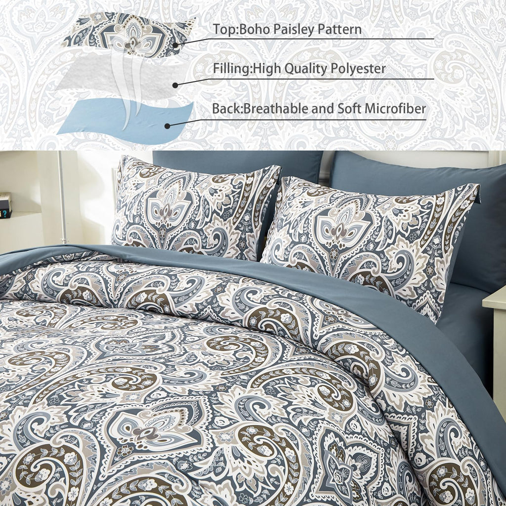 Blue Paisley Comforter Set King, 7 Pieces Bed in a Bag Comforter Boho Paisley Pattern Bedding Set Soft Microfiber(1