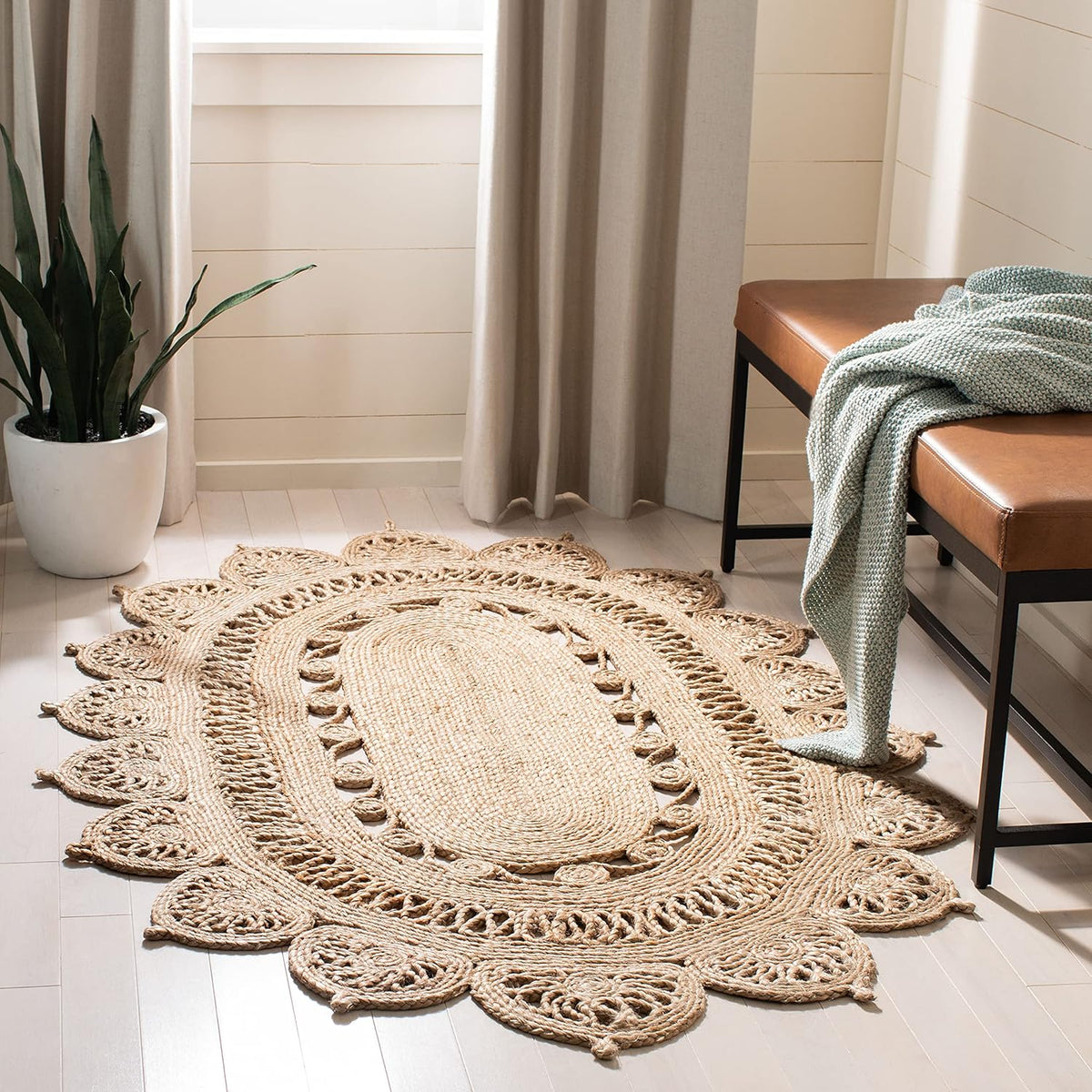 Natural Fiber Round Collection Oval Natural NFB251A Handmade Boho Country Charm Jute Area Rug