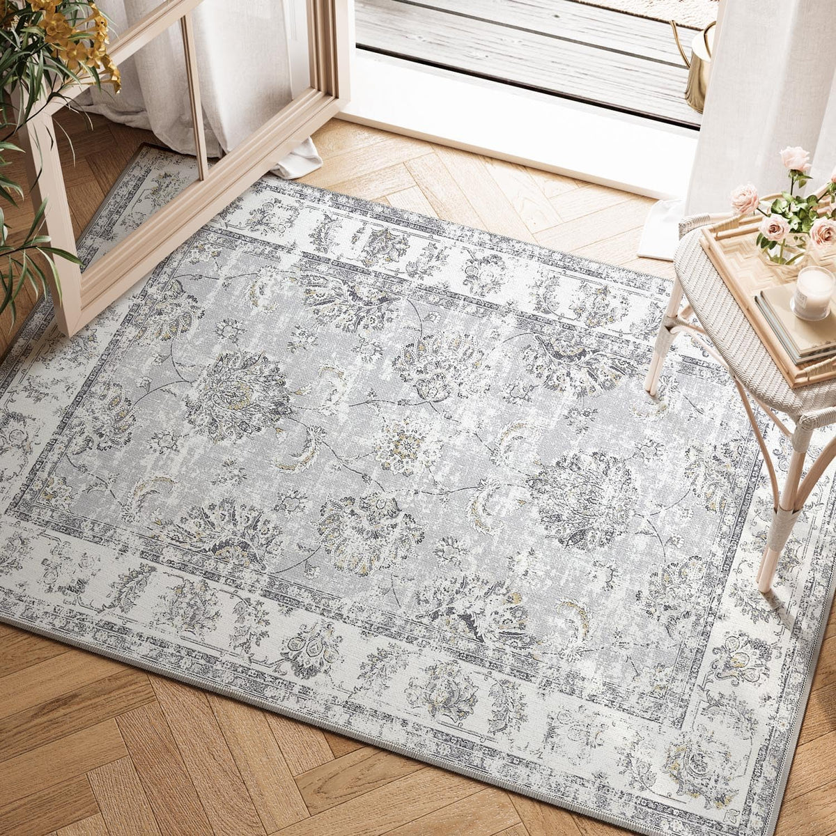 Vintage Floral Area Rug, Washable Entryway Rug, Grey