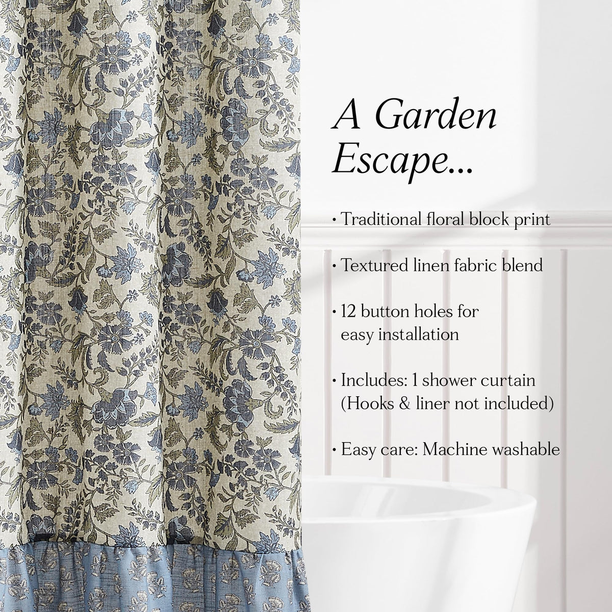 Lillian Block Print Linen Textured Single 72" W x 72" L Blue & Sage - Vintage Floral Shower Curtains - Ruffled Bath