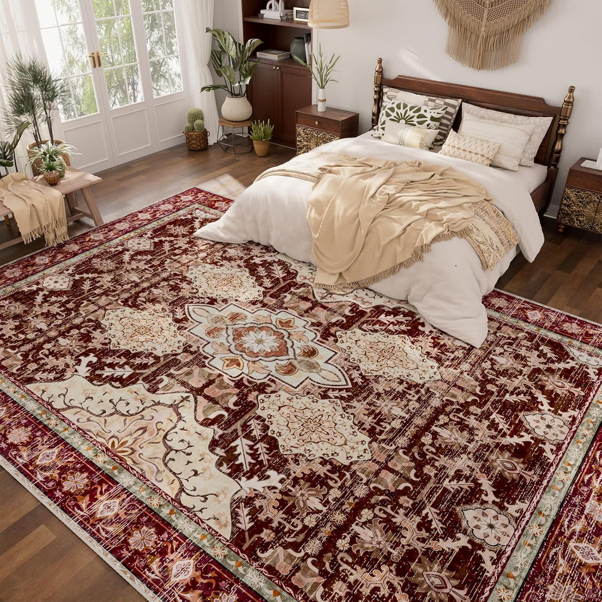 Area Rugs, Large Non-Slip Washable Rug, Boho Vintage Retro Medallion Print Pattern Carpet Dining Room Home