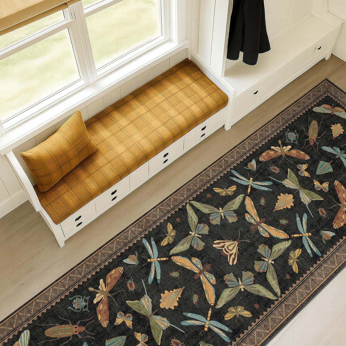 Dark Black Boho Rug Runners for Hallways, Washable Non Slip Long Runner Rug, Low Pile & Soft Stain Resistant