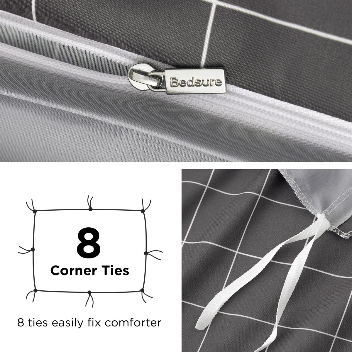 Duvet Cover - Reversible Plaid Duvet Cover Set with Zipper Closure, 2 Pieces Dark Grey Bedding Set with 8