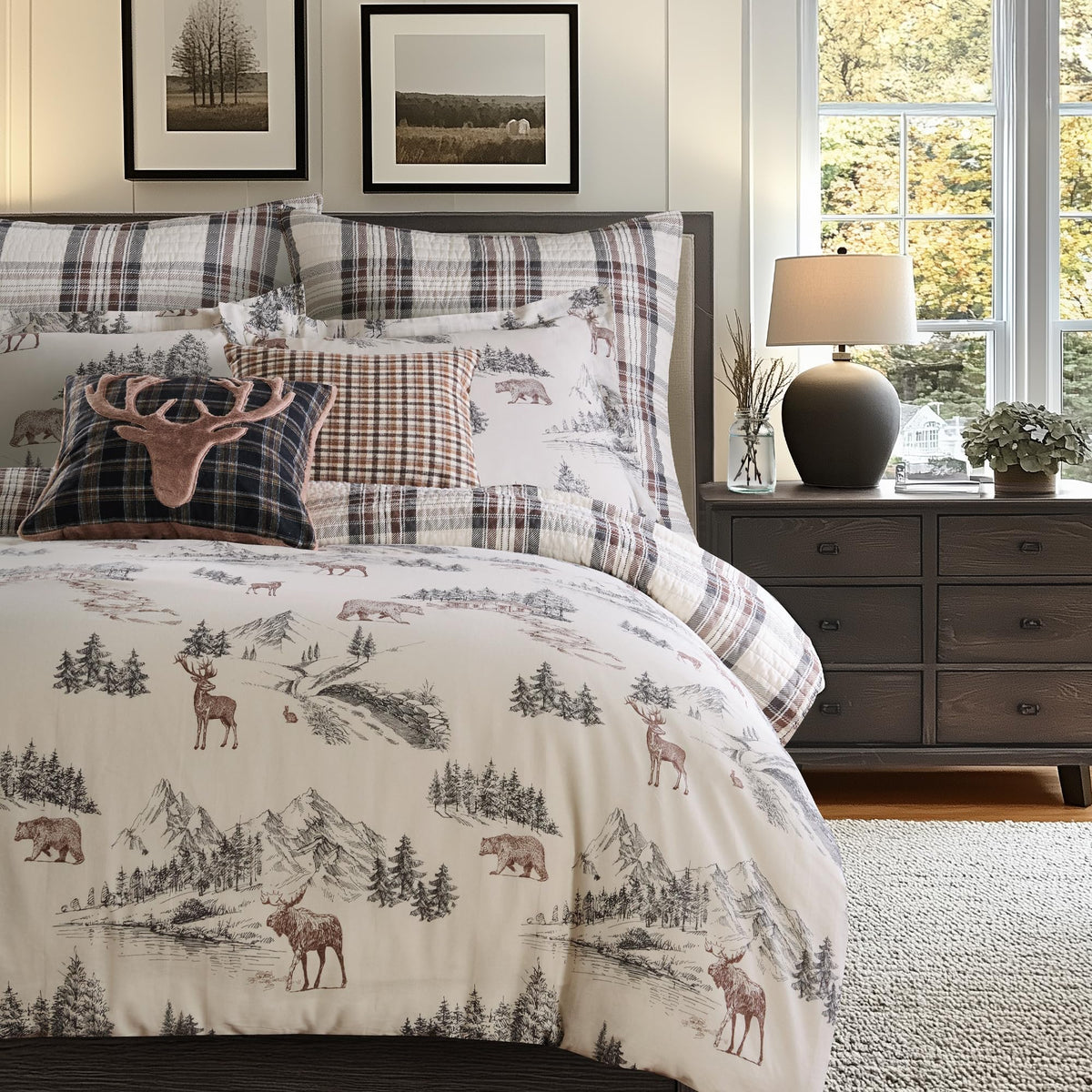 Lodge Toile Comforter Set - King Comforter (106 x 94in.) Two King Pillow Cases (36 x 20in.) - Toile - Brown Ivory