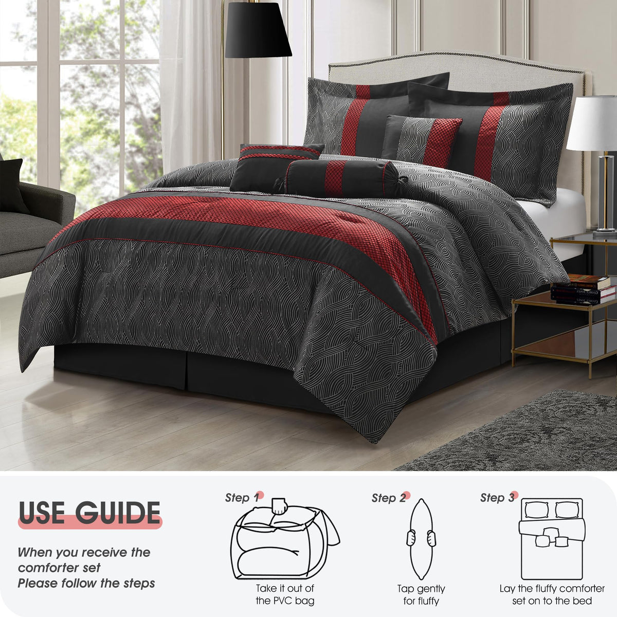 7 Piece Comforter Set, Black Red, Jacquard with Patchwork, Soft and Cozy for All Seasons, Bed in a Bag with