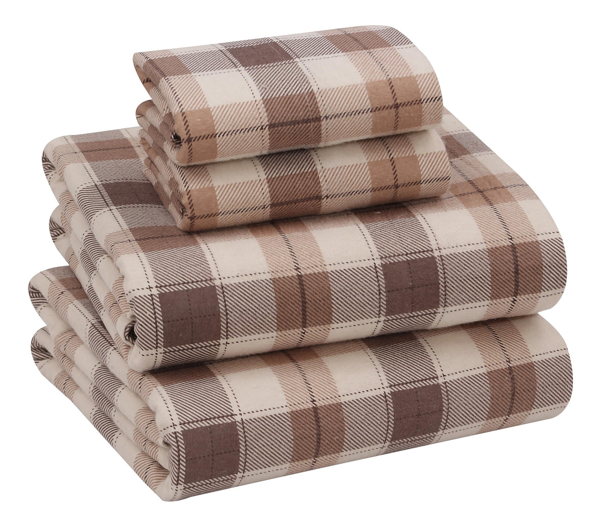 100% Cotton Flannel Sheets, 4 PCs, Beige & Grey Plaid