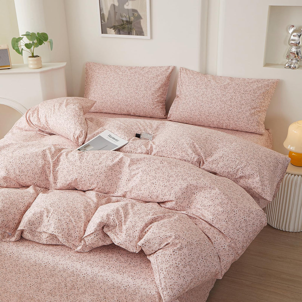 Vintage Pink Floral Duvet Cover Set, Soft 100% Cotton Botanical Flower Bedding Set, Chic Aesthetic Coquette
