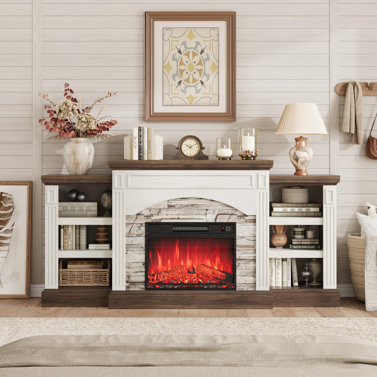 70" Farmhouse Electric Fireplace with Mantel, White and Brown