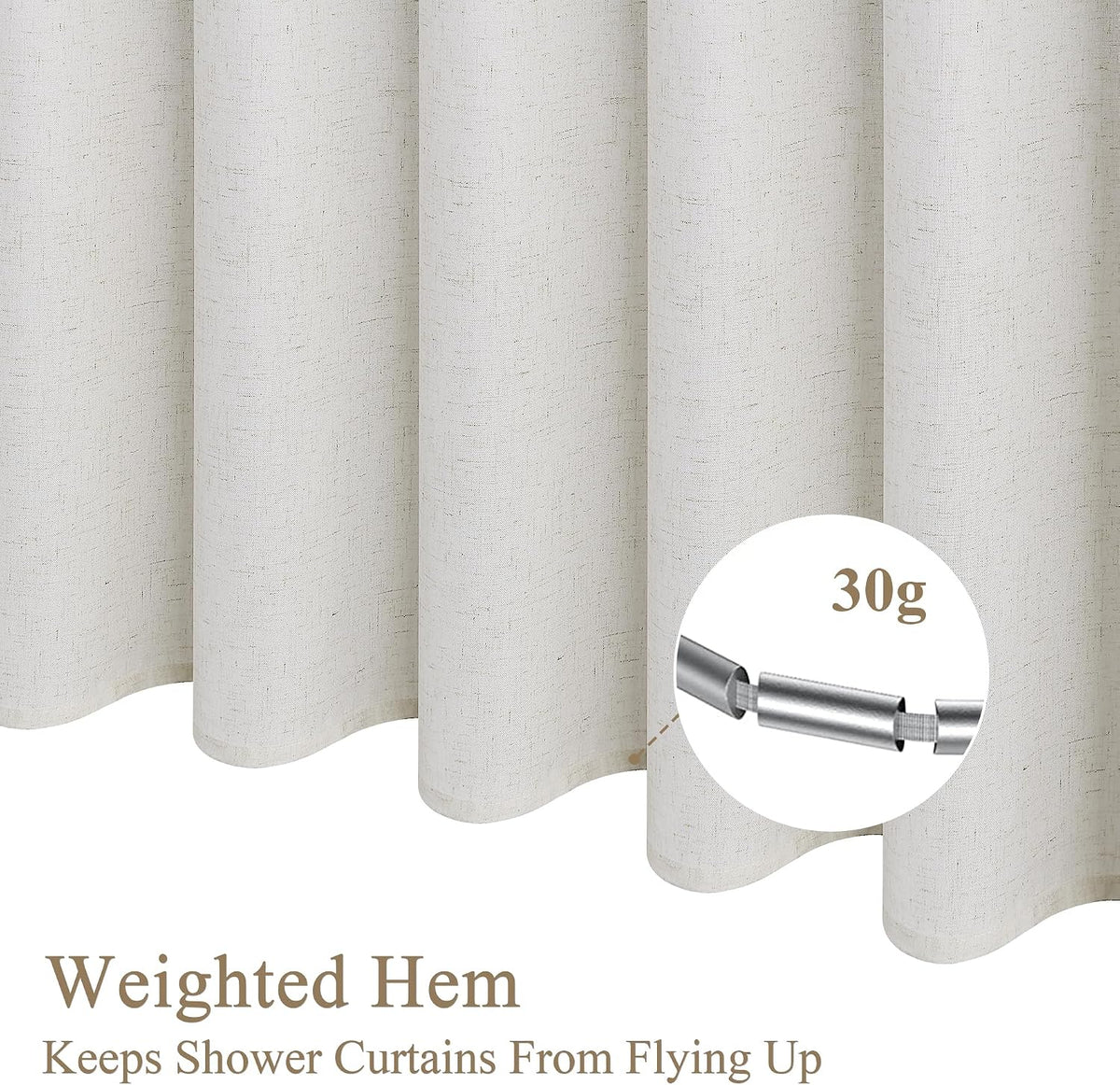 Linen Shower Curtain 72 Inches Long 1 Panel White | Shower Curtains with Hook, Waterproof Cloth, Boho Farmhouse