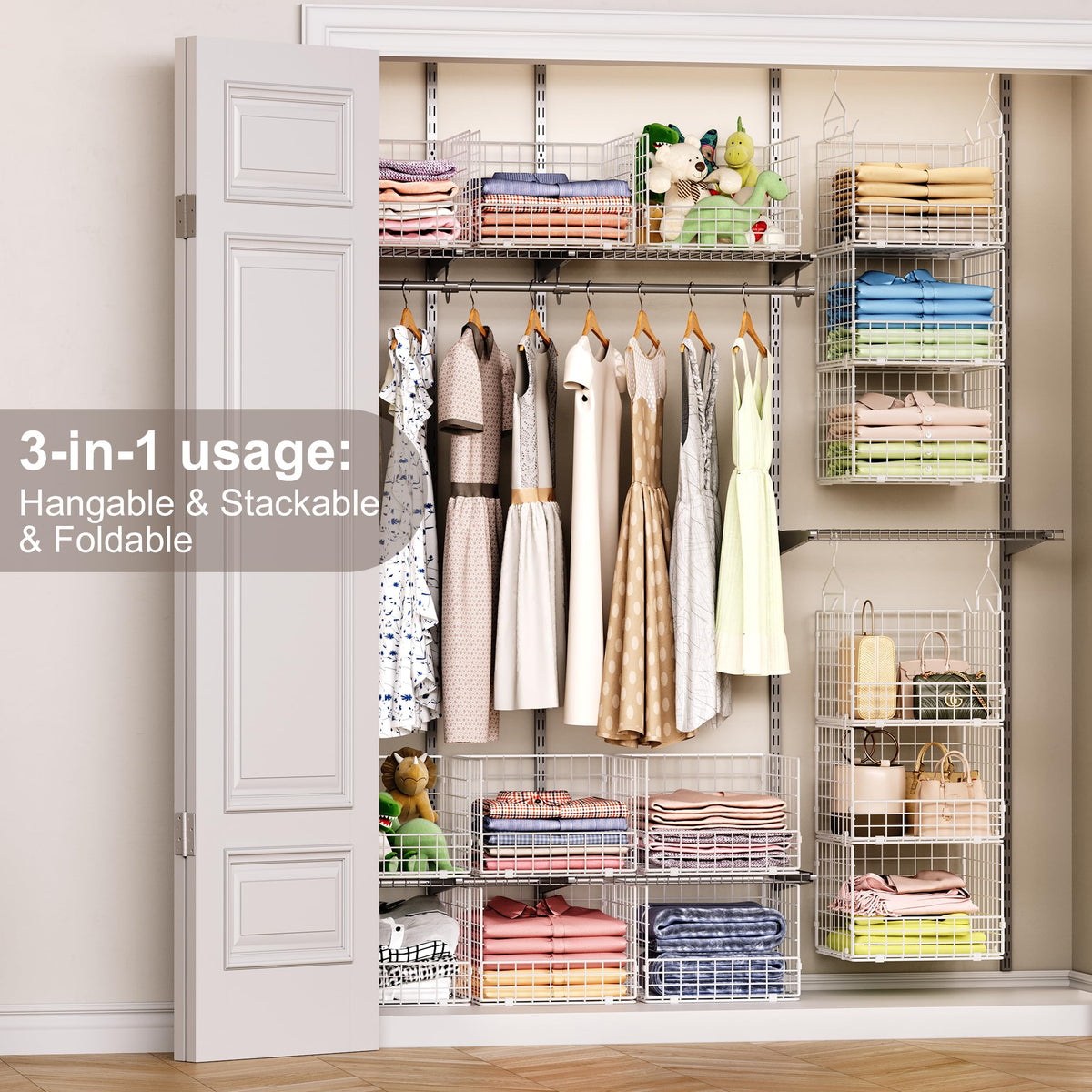 3-Tier Hanging Closet Organizer with 5 S Hooks, Closet Shelves for Clothes, Shoes, Handbags, Accessories, Hanging