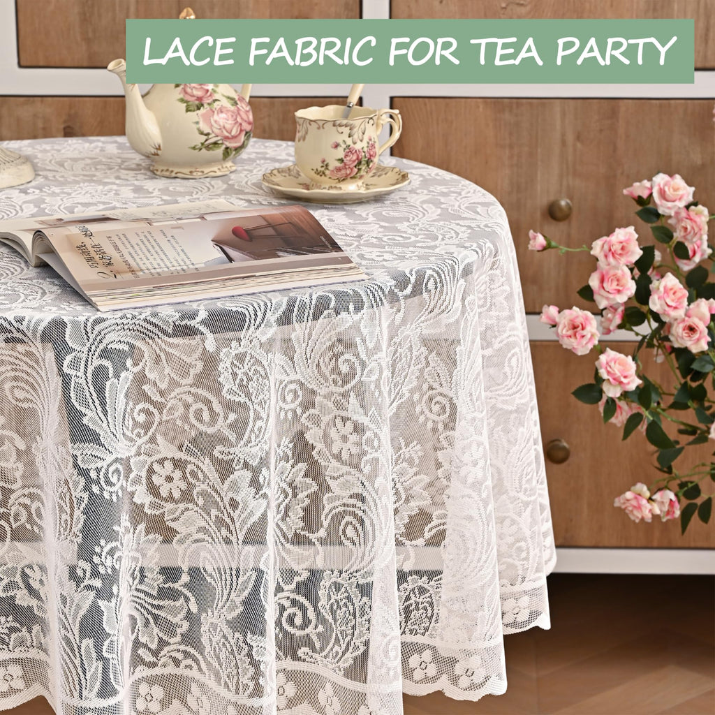 Round Lace Tablecloth Floral Design, French Vintage Scalloped Edge Embroidery Table Cloth for Wedding, Dinner
