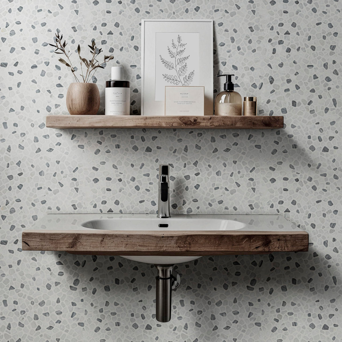 Marble Wall Tile | Black and White Pebbles Pattern Tumbled | 12" x 12"
