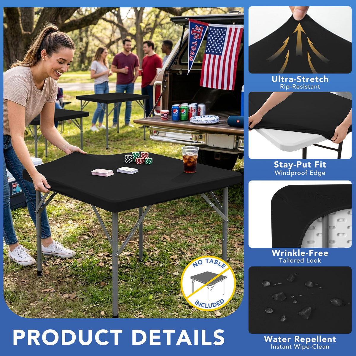 Card Table Covers Square Fitted Elastic Table Cloth-2 Pack Black 42x42 Inch