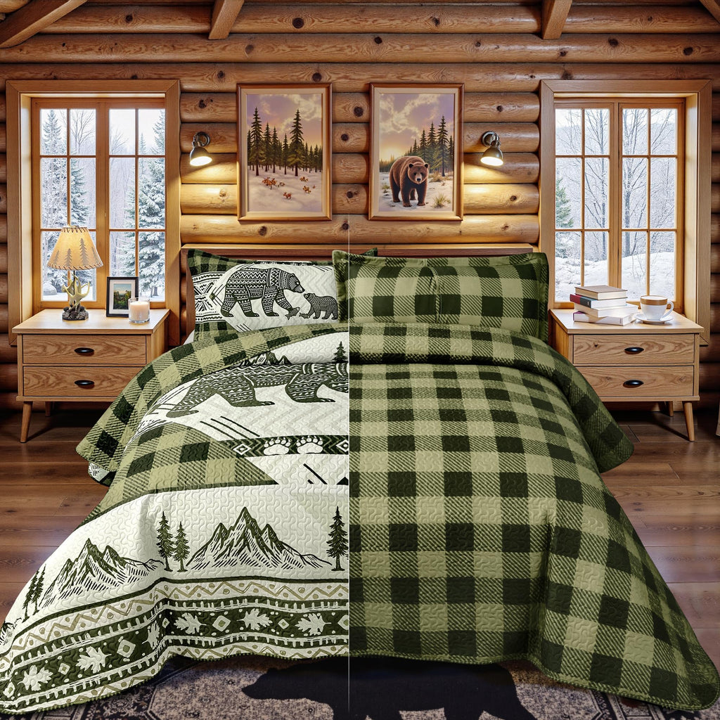 3 Piece Cabin Quilt Sets Farmhouse Rustic Reversible Microfiber Soft Lightweight Bedspread Comforter with 2