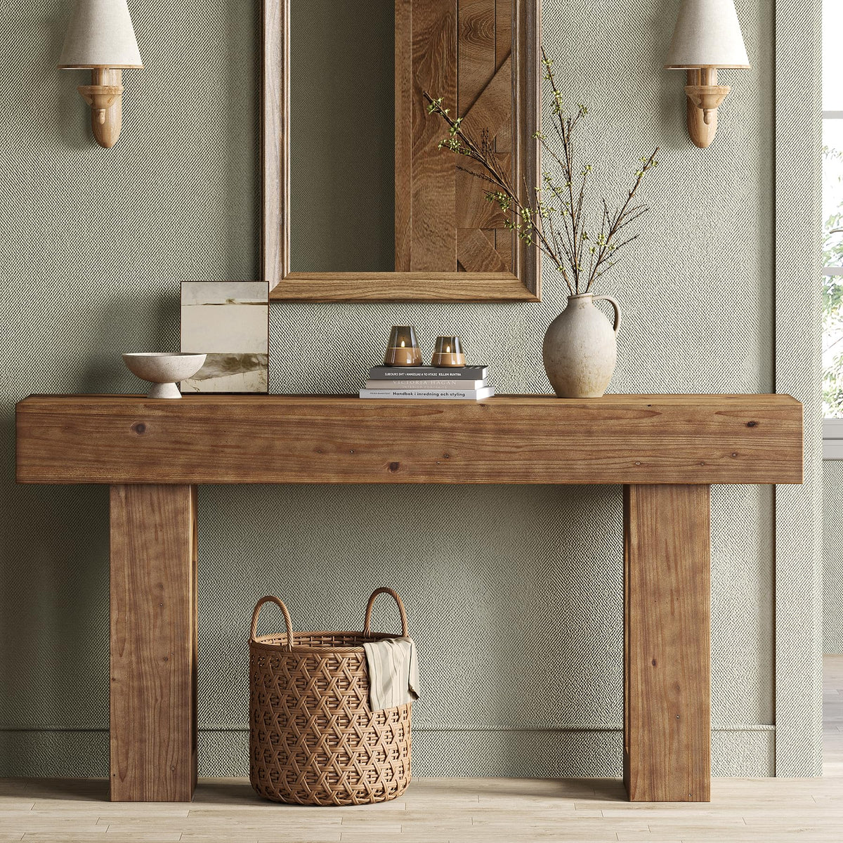 Solid Wood Console Table, 63" Long Farmhouse Entryway Table