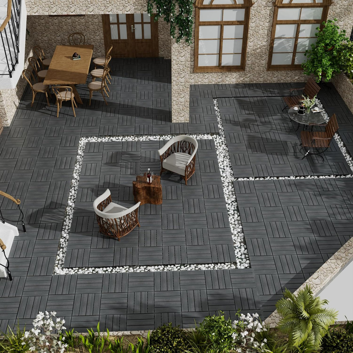 Wood Plastic Composite Interlocking Patio Deck Tiles, 22 Pack 12"x12" Premium Waterproof Porch Decking Tiles, All
