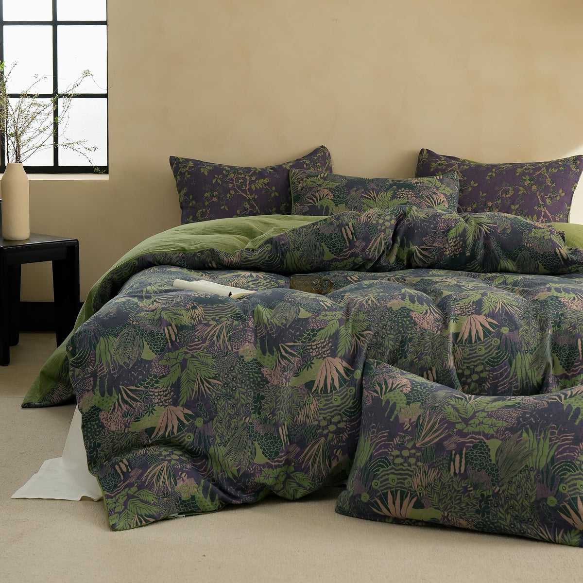 100% Cotton Muslin Duvet Cover Set King, 3 Pcs Yarn-Dyed Jacquard Textured Reversible Botanical Floral, Soft and