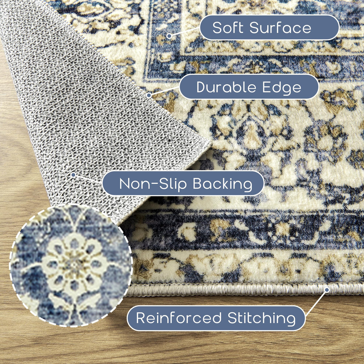 Dark Blue Runner Rug Low Pile Retro Rugs Non Slip Washable