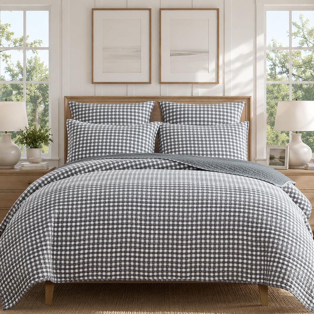 Camden Gingham Stitch Grey Quilt Set - 106x92in. Quilt and Two 20x36in. Shams - Grey and Ivory Gingham