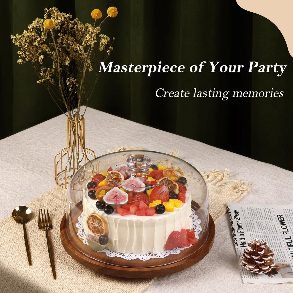 Stand with Clear Acrylic Dome Lid, 12'' Acacia Wood Cake Holder