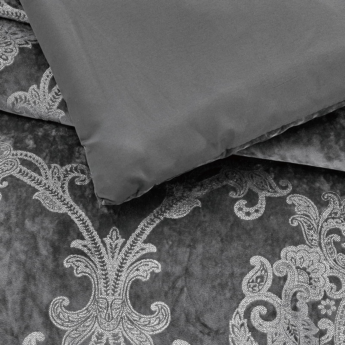 Metallic Print Comforter Set, Distressed Velvet Face with Metallic Foil Print and Brushed Solid Microfiber Reverse