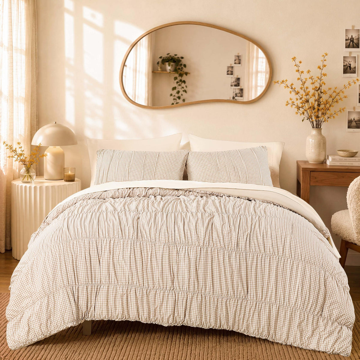 Tan Gingham Comforter Sets - 3 Pieces Ruched Bedding