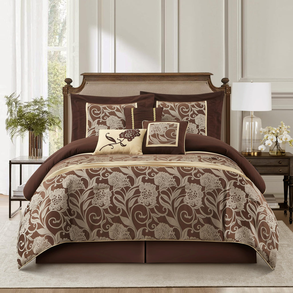 Brown Gold Comforter Set, 7 Piece Jacquard Floral Bedding Set, All Season, Ultra-Soft, Matching Pillows &