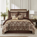 Brown Gold Comforter Set, 7 Piece Jacquard Floral Bedding Set, All Season, Ultra-Soft, Matching Pillows &