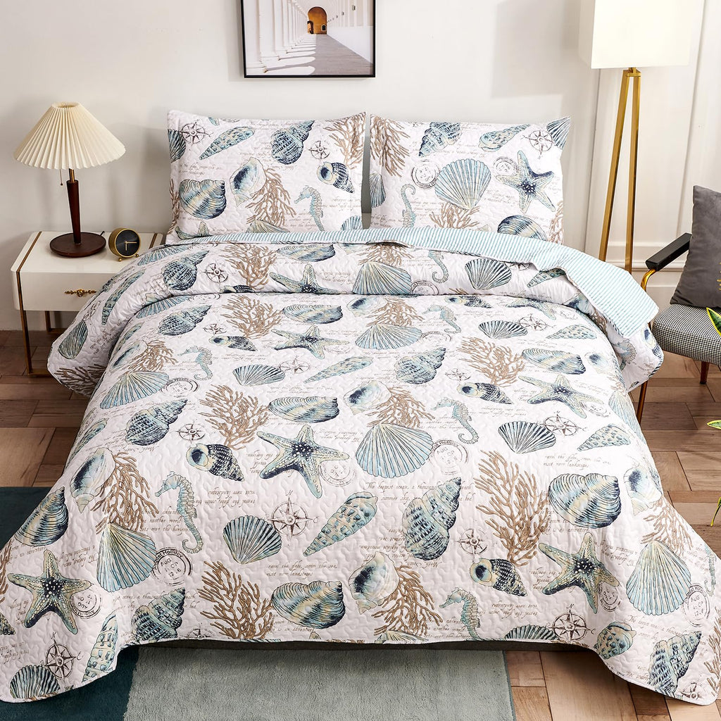 Coastal Quilt Set Beach Themed Bedding Summer Quilts Set Lightweight Reversible Bedspread Coverlets