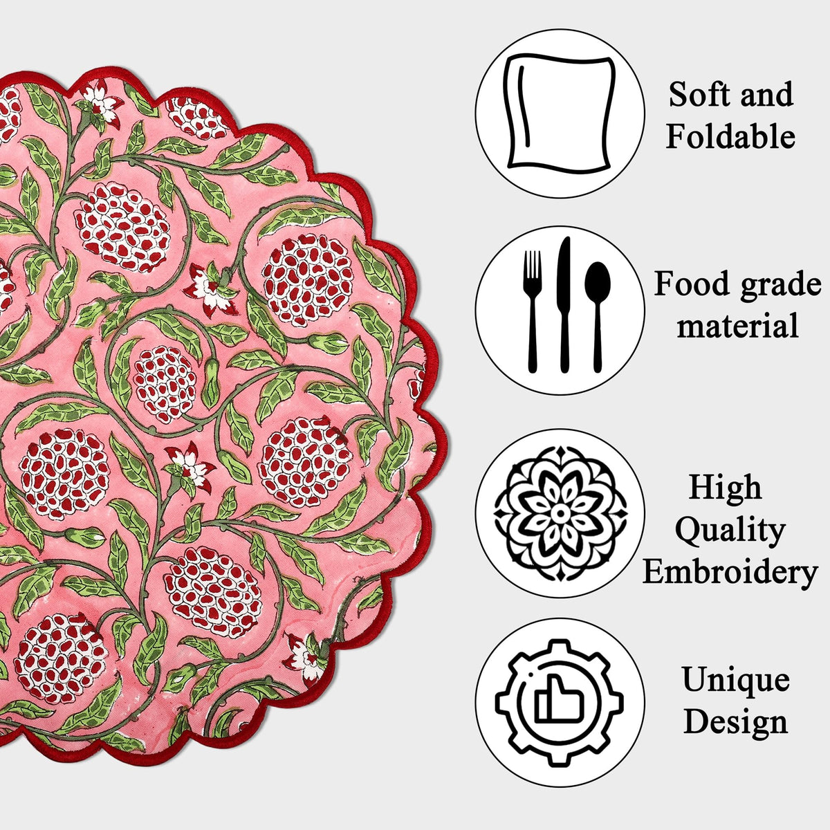 Floral Block Print Round Placemats 15 Inch, Set of 4, Strawberry Pink