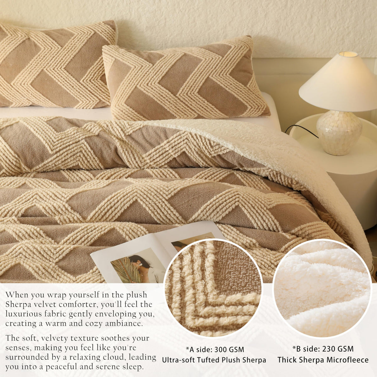 Tufted Boho Comforter Set Queen - Beige Fluffy Sherpa Bedding Set, Soft Fuzzy Jacquard Quilt Set, 3 Pieces Cozy Bed