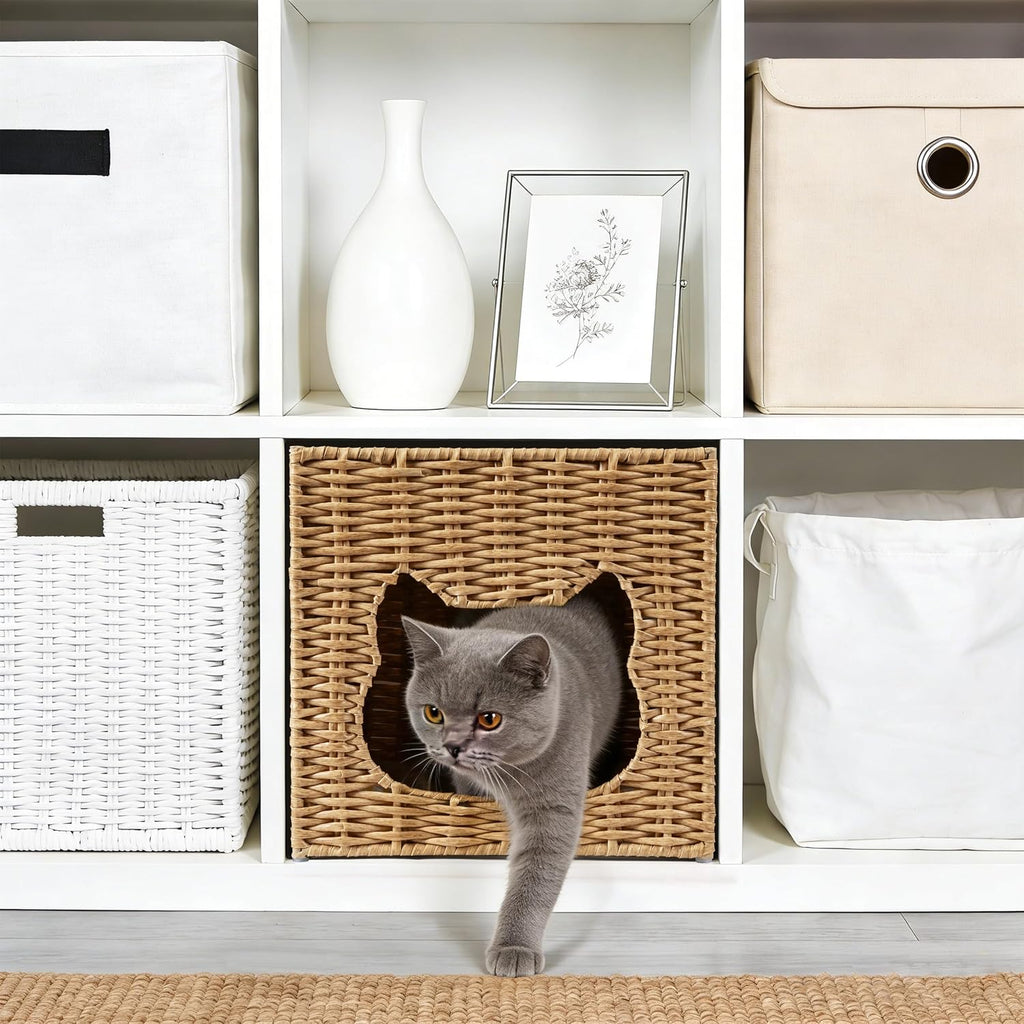Handwoven Small Cat Bed Cave for Kallax Shelf, 13"x13"x15" Rattan Cat House for Indoor Cats Kittens and Small Pets