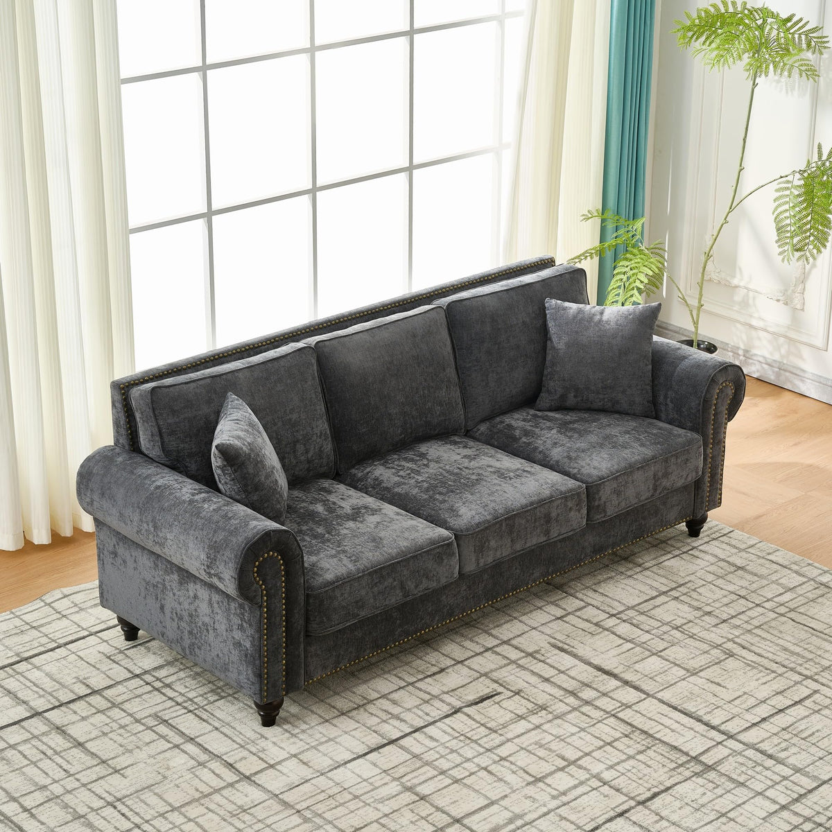 87" Oversized Chenille Sofa with Rolled Arms and Nailhead Trim, Upholstered Modern Style 3-Seater Couch with